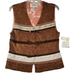 90s Susan Bristol Brocade Vest Small Ornate Orange Brown Woven Back Vintage New